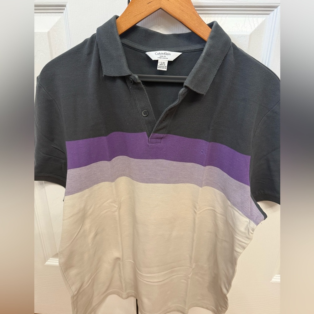 Calvin Klein Black, Purple & Cream Horizontal-Stripe Polo